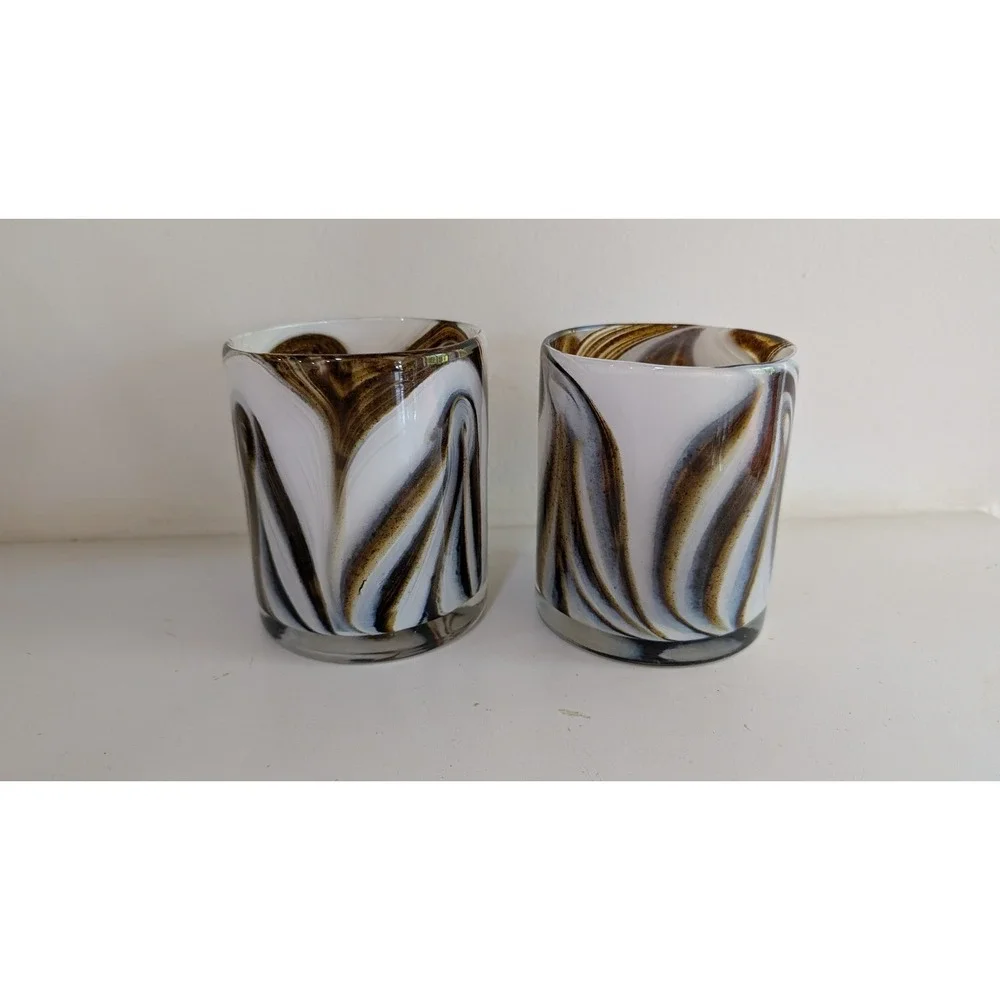 Vintage DB Hand Blown Art Glass Tumblers Brown White Swirl Marbled Glasses Set 2